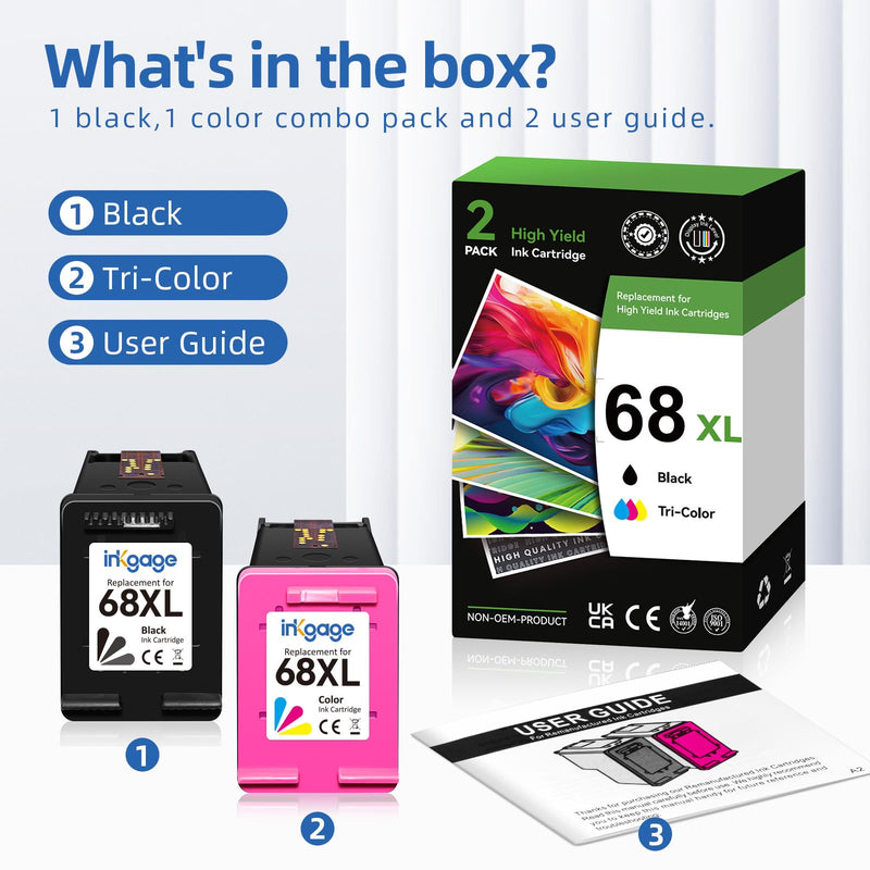 68e High Yield for HP 68 Ink Cartridges Black and Tri-Color Combo Pack Compatible for HP 68XL Ink Cartridges for Envy 6155e 6155 6555e 6152e 6552e 6558e 6165e 6100e 6500e 6550e Series Printers 2-Pack