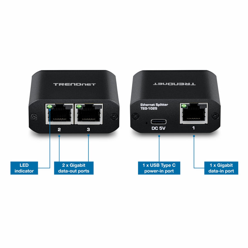 TRENDnet 2-Port Gigabit Splitter with USB Type C Power, TEG-102S, Splits One Network Connection Into Two, Ethernet Splitter, USB Type C Power Cable Included, NDAA & TAA Compliant