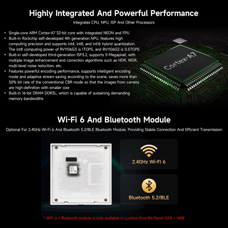 Waveshare Luckfox Core1106 Smart 86 Box Development Board, RV1106G2, 0.5/1TOPS, 128MB/256MB DDR3L, ARM Cortex-A7 32-bit, Onboard 4inch 720 × 720 Pixel Touch Display, RS485 Interface, with Wireless