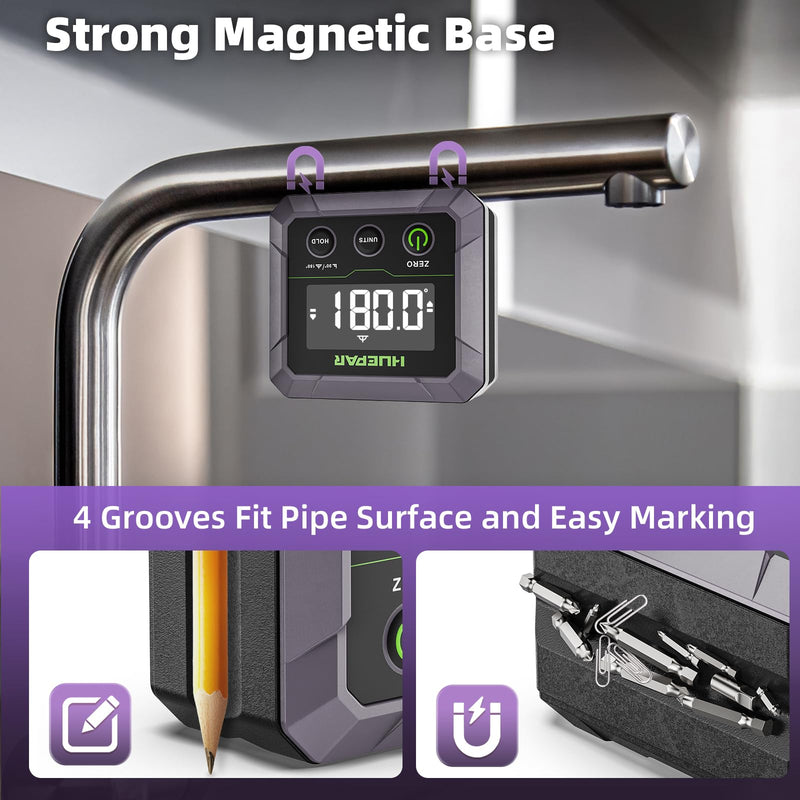 Huepar Professional Digital Angle Finder Magnetic for Table Saw Blade, Woodworking, Bend Pipes Etc., Fathers Day Dad Gifts, ±0.1° Accuracy Inclinometer, 0-90 or 0-180 Angle Gauge, VA LCD Display