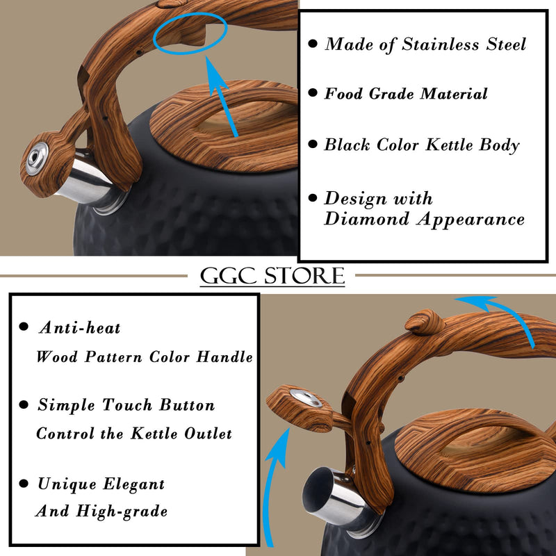 GGC Tea Kettle for Stove Top, Loud Whistling Kettle for Boiling Water Coffee or Milk, 3.1 Quart 3L Heavy Stainless Steel Black Kettle with Wood Pattern Handle, Unique Button Control Kettle Outlet Premium Black