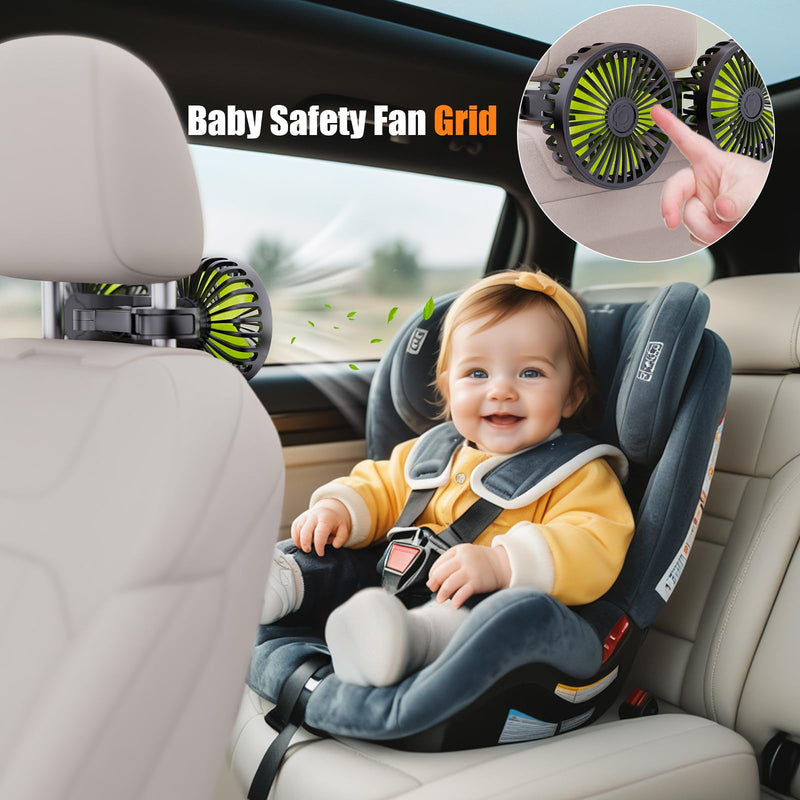 Dual Head USB Car Fan, 3 Speeds 360° Rotatable Backseat Headrest Fan, Quiet 5V/2A Electric Air Circulation Fan for Kids, Pets, Sedan SUV RV Truck black green Large