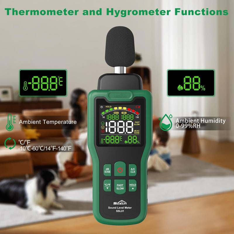 Decibel Meter, SQECH 30-130dB Sound Level Meter with Temperature & Humidity, SPL Meter with Color Backlit Display, A/C Weighted, dB/SONE Unit, FAST/SLOW Response, MAX/MIN, Data Hold, for Home/Factory