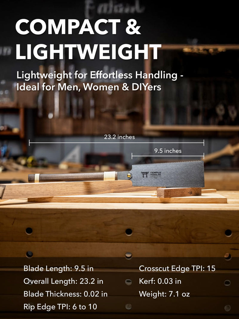 Japanese Pull Saw - 9.5 Ryoba Hand Saw with Rip-cut and Crosscut - Wood Saw for Dovetails, Tenons, Joinery, Cutting Boards to Length & Width- Temple Tool Co. Japanese Pull Saw