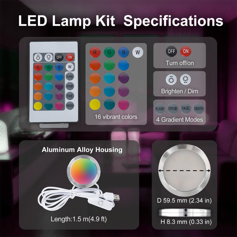 10PCS Remote Control RGB LED Lamp Kit 001 for Bambu Lab H2D/X1/P1P/A1 Multicolor Includes Button Battery Makerworld for Anycubic Makeronline 3D Printer Light DIY Hardware Model Parts USB 10 PCS RGB LED Light