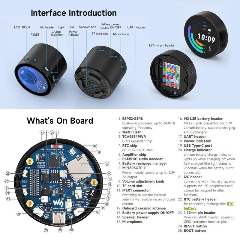 Waveshare ESP32-S3 1.85inch Round LCD Development Board, 360×360, Supports Wi-Fi & Bluetooth BLE 5, AI Speech, Smart Speaker Box, ESP32 with Display