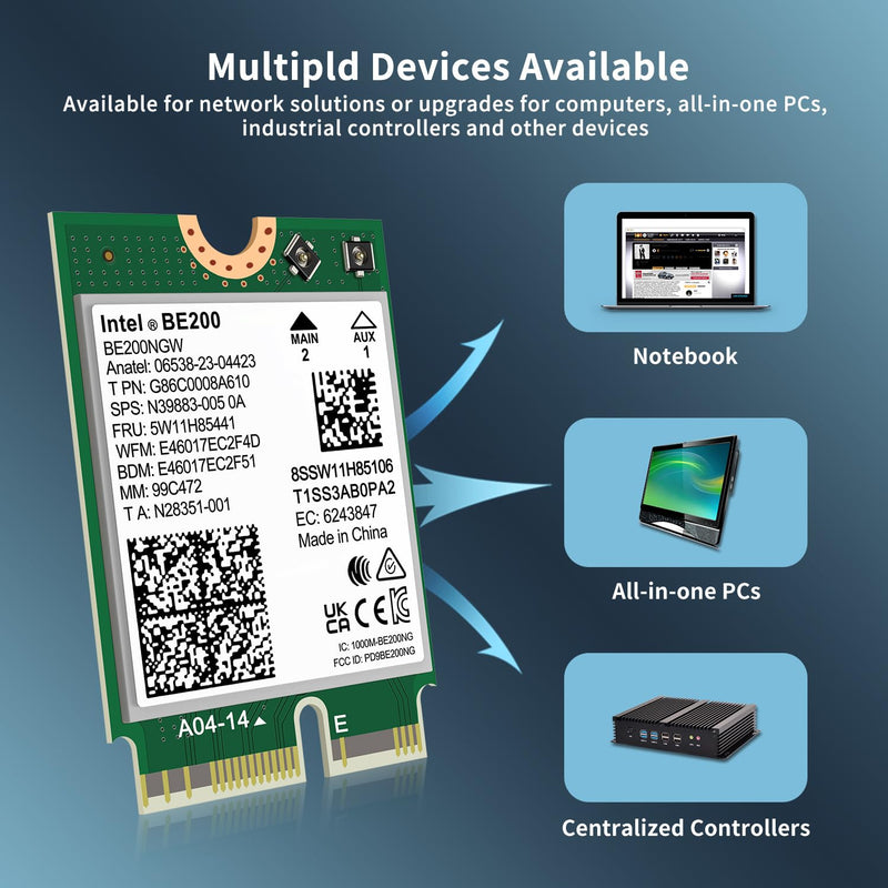 WiFi 7 Wireless Card BE200NGW, Bluetooth 5.4, 5800Mbps M.2/NGFF Network Support Windows 10/11 (64bit), Linux. (AMD is not Supported). Ideal for WiFi7/WiFi6E/WiFi6/WiFi5 Router and Wireless AP