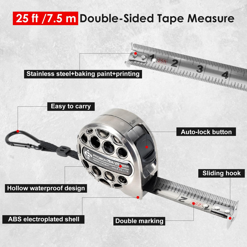25ft Tape Measure - Heavy Duty Stainless Steel Measuring Tape with Double-Sided Scale, Waterproof & Rustproof Retractable Ruler for Construction, Woodworking & Agricultural Use (Silver) 1 Pcs, 25 FT, Silver
