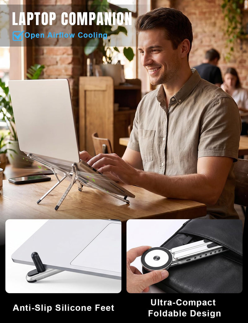 4-in-1 Foldable Laptop Stand & Magnetic Phone Holder, Silver Aerospace Aluminum Portable Desk Mount with N52 MagSafe Compatible Tripod Handle for MacBook Pro, iPad, Travel & Vlogging