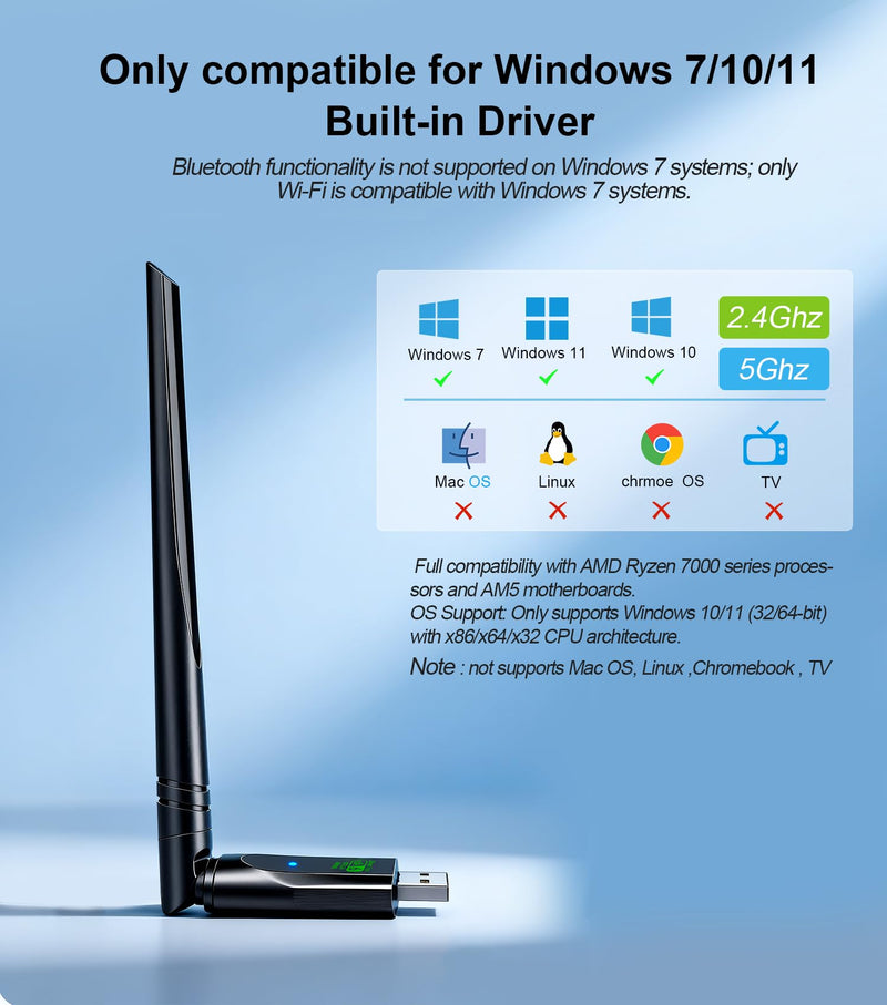 WiFi Adapter,USB WiFi 6 Adapter for Laptop PC,2-in-1 Bluetooth 5.3(EDR+BLE),900Mbps Dual Band (2.4GHz+5GHz), 5dBi High Gain Antenna,Plug-and-Play for PC/Laptop/Printers (Win 10/11)