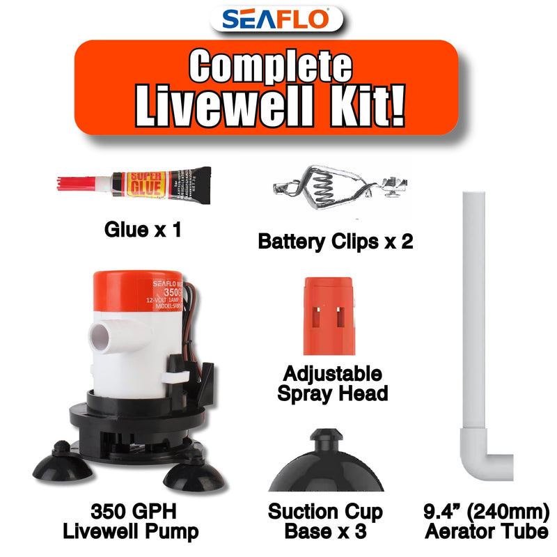 SEAFLO 09 Series Portable Livewell Aeration Pump Kit - 12V, 350 GPH, Submersible, Adjustable Spray Head, Quiet Operation, Corrosion-Resistant, Fresh/Saltwater Use, CE & RoHS Certified, 4-Year Warranty