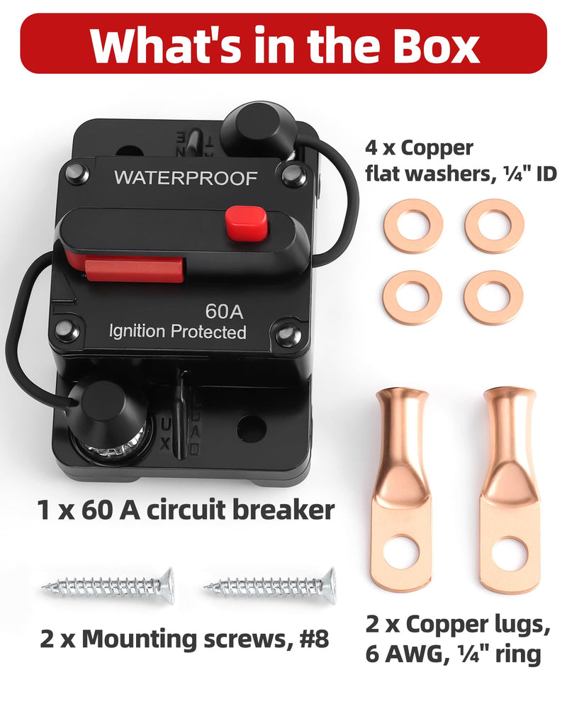 60 Amp Marine Circuit Breaker Switch for Trolling Motor Battery Box, Premium 12V - 48V 60A DC Breaker for Boat Motor, RV, Solar Panel & Car Audio, One-Click Reset, No Fuse Needed