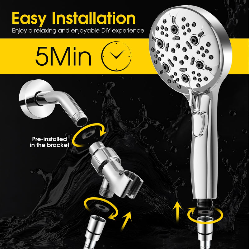 High Pressure Shower Head with Handheld,8-settings Handheld Shower Head with On Off Switch,79-inches Extra Long Hose and Built-in Power Wash to Tub,Wall&Tile,Adjustable Brackets,Silver
