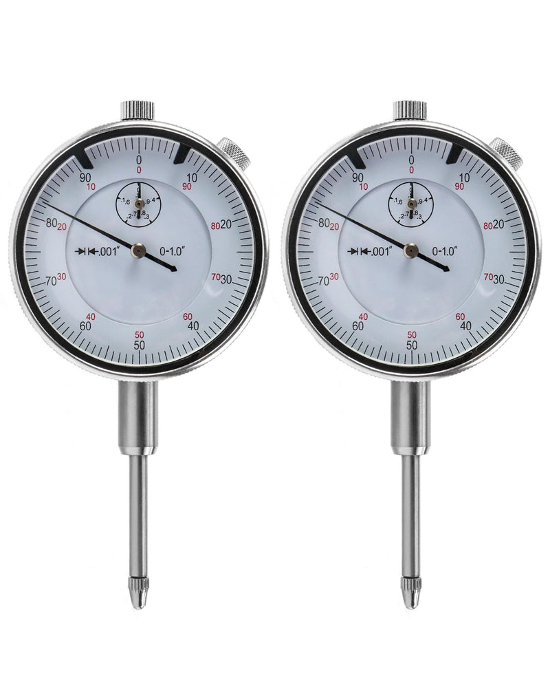 QWORK 0-1 Inch Dial Indicator with Carbide Anvil, 2 Pack, 0.001 Inch Resolution, Interchangeable Flat & Lug Back – 2 Inch Dial, Twist-Lock Bezel