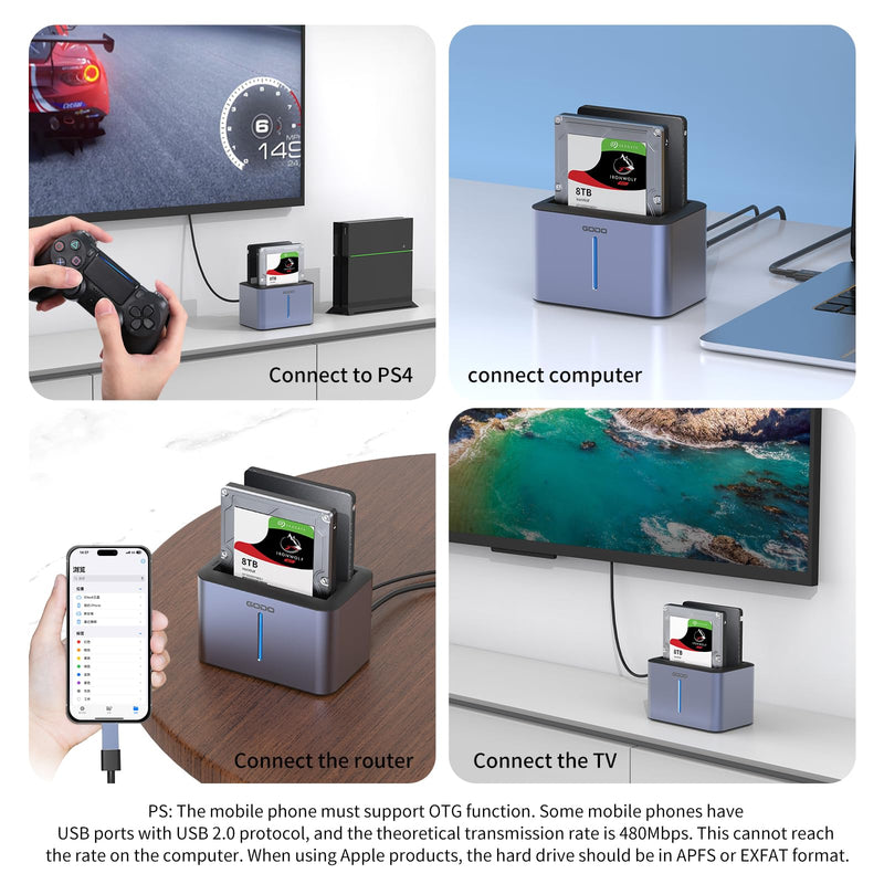 GODO USB 3.0 to SATA I/II/III RGB Dual-Bay Aluminum External Hard Drive Enclosure, Compatible with 2.5-inch SATA HDDs and SSDs, Supports up to 2×8TB Drives