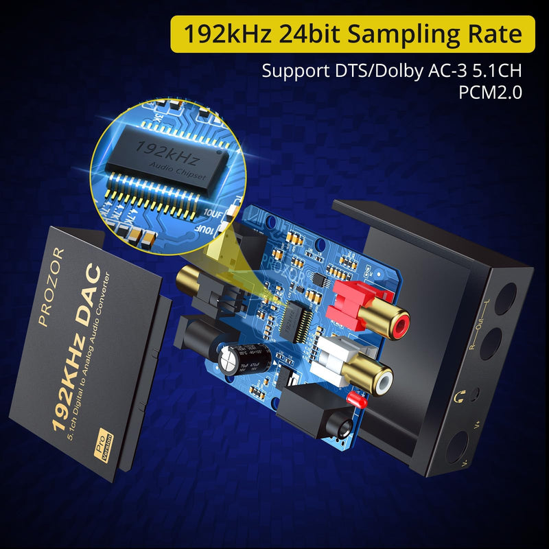 PROZOR 192kHz Digital to Analog Audio Converter - Converts Dolby AC-3 DTS 5.1CH Digital Audio to Stereo Analog Output, Optical to L/R DAC Decoder, DAC Converter SPDIF TOSLINK to Stereo L/R & 3.5mm 3.5mm & RCA Output