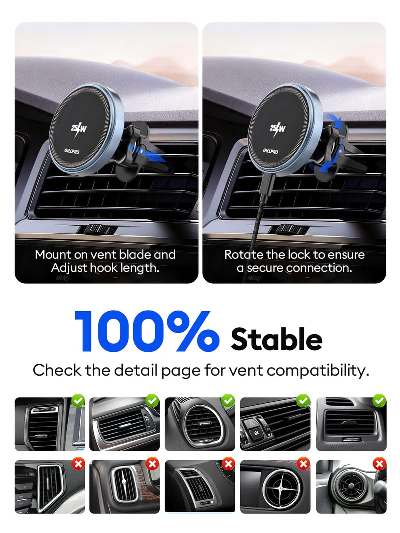 OHLPRO 25W MagSafe Car Charger Mount, Magnetic Wireless Car Charging Holder for iPhone 17 16 Pro Max Plus Pro Air, Vent Clip Phone Mount with 63W USB C Adapter, 360 Rotation, Gray
