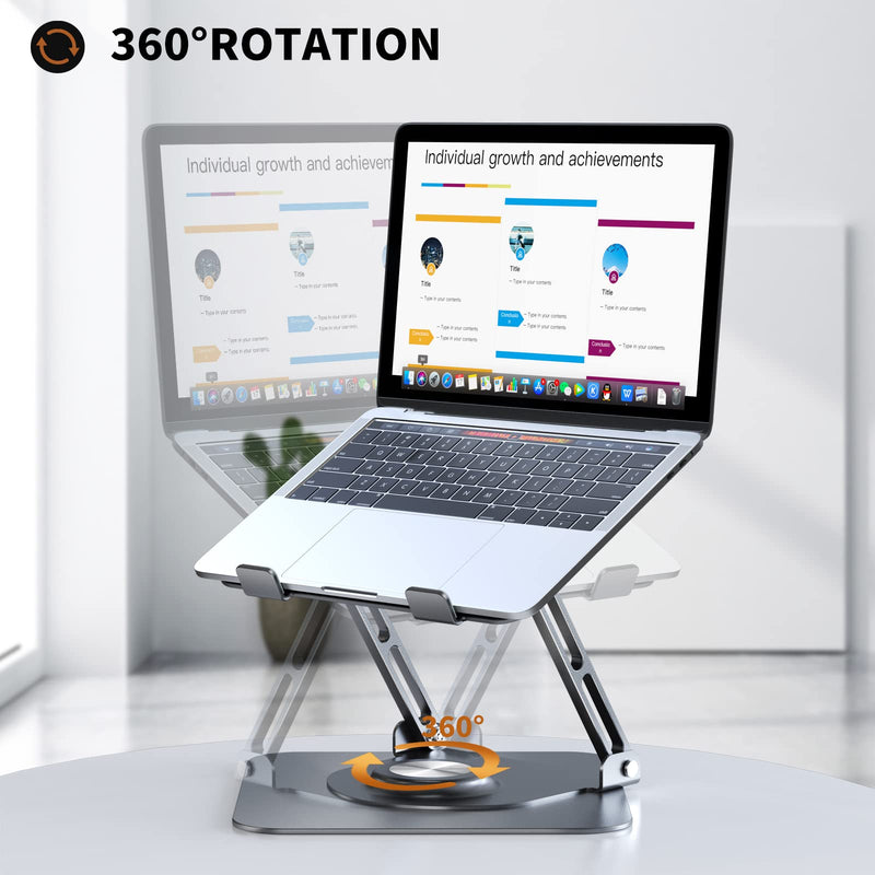 Laptop Stand for Desk, Adjustable Computer Stand with 360° Rotating Base, Ergonomic Laptop Riser for Collaborative Work, Foldable & Portable Laptop Stand, fits for All 10-16" Laptops Grey