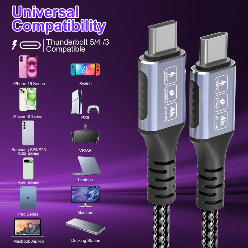 20Gbps USB4 for Thunderbolt 5 Cable 20FT/6M, 4K@60Hz Video for USB C Thunderbolt 4 Cable, Nylon Braided PD240W Charging Compatible for Thunderbolt 5/4/3, MacBook, iPhone 17, Mac