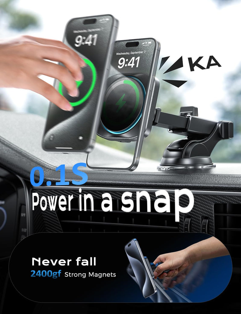 Chgeek for MagSafe Car Mount Charger[15W Fast Charging & 2400gf Magnetic] | 360°Adjustable Car Phone Holder With Cooling Fan, Magnetic Wireless Car Charger for iPhone 17 16 15 14 13 12 Pro Max Plus
