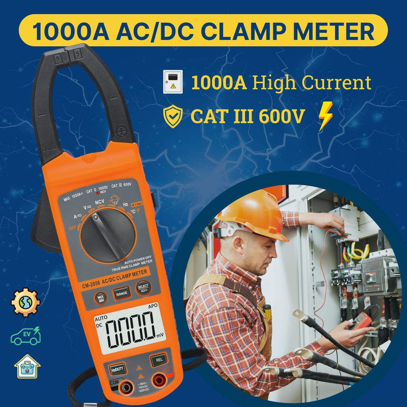 Digital Clamp Meter Multimeter 1000A AC/DC Amp Voltmeter, Auto-Ranging TRMS with Backlit LCD & NCV; Measures Voltage, Current, Temp, Duty Cycle, Capacitance, Frequency
