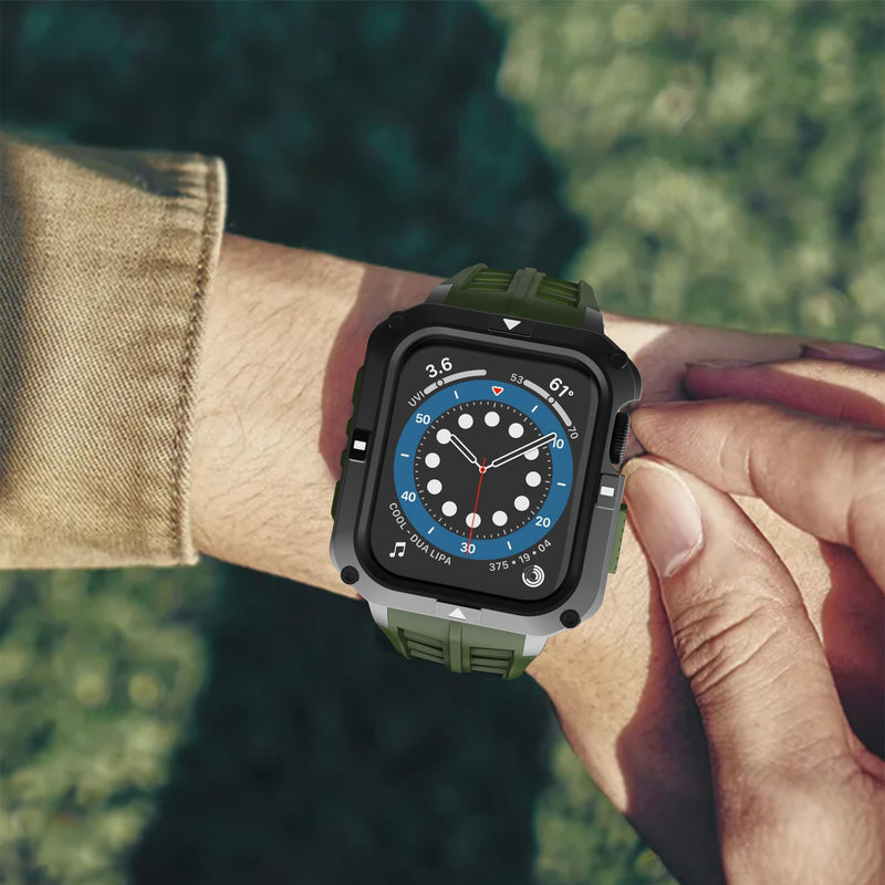 T-ENGINE Metal Case Compatible with Apple Watch Series 7/8/9 (45mm) for se Series 6/5/4 (44mm), One-Piece Metal Case with TPU Band for 45mm 44mm Black+Army Green 44mm-Series 6 SE 5 4