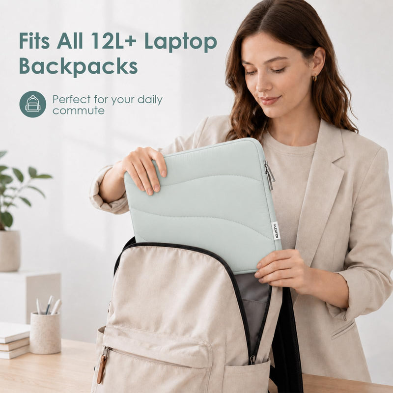 LENTION 14" Cloud Puffy Laptop Sleeve, Water-Resistant Shock-Absorbing Case | Velvet Inner Lining, Slim Portable Design, Minimalist Sage Gray Compatible with 13-14 Inch Laptops for Daily Commute & Travel