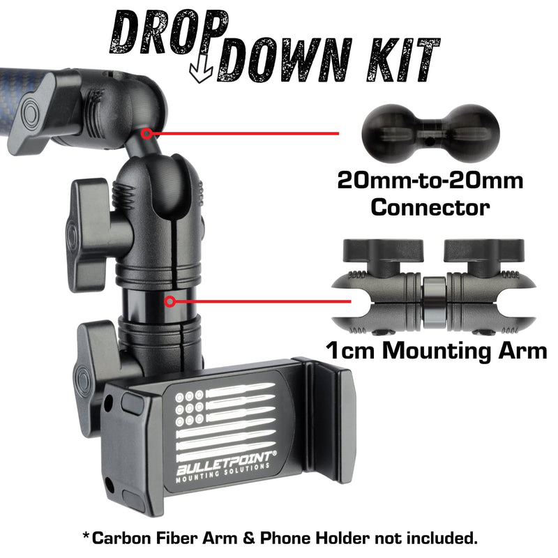 Bulletpoint Drop-Down Lower Phone Placement Kit 20mm-20mm Connector with 1cm Mounting Arm for Vehicle Phone Mounts