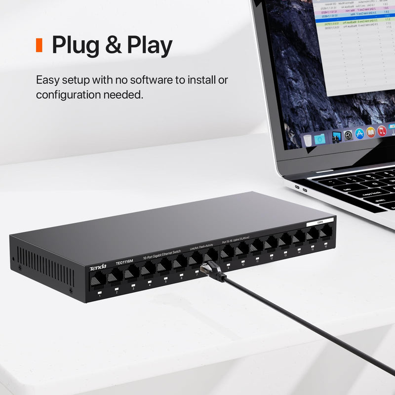 Tenda TEG1116M 16 Port Gigabit Switch, Unmanaged Ethernet Switch with Traffic Optimization, Plug & Play, Fanless & Metal Design Network Switch, Limited Lifetime Protection 1G | 16 Port
