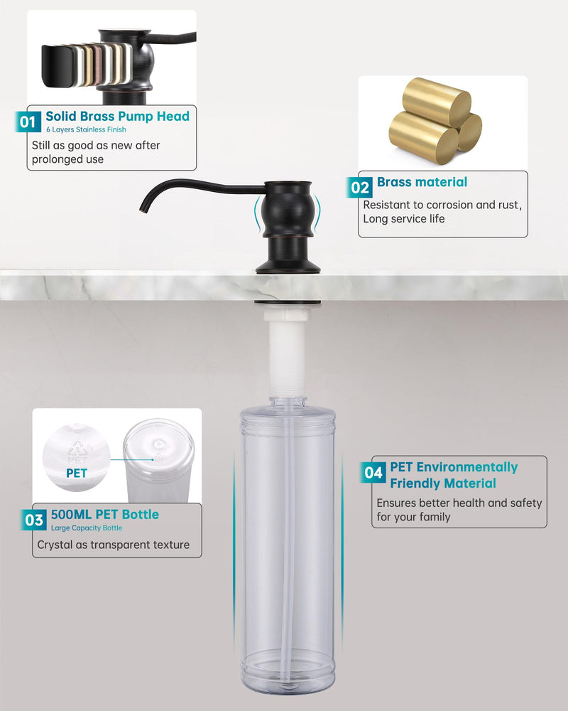 Brass Kitchen Soap Dispenser, Oil Rubbed Bronze in Sink Liquid Dish Soap Dispenser with High Capacity 500ML （17oz） ABS Bottle, Under Sink Hand Metal Dispenser Pump Without Hose
