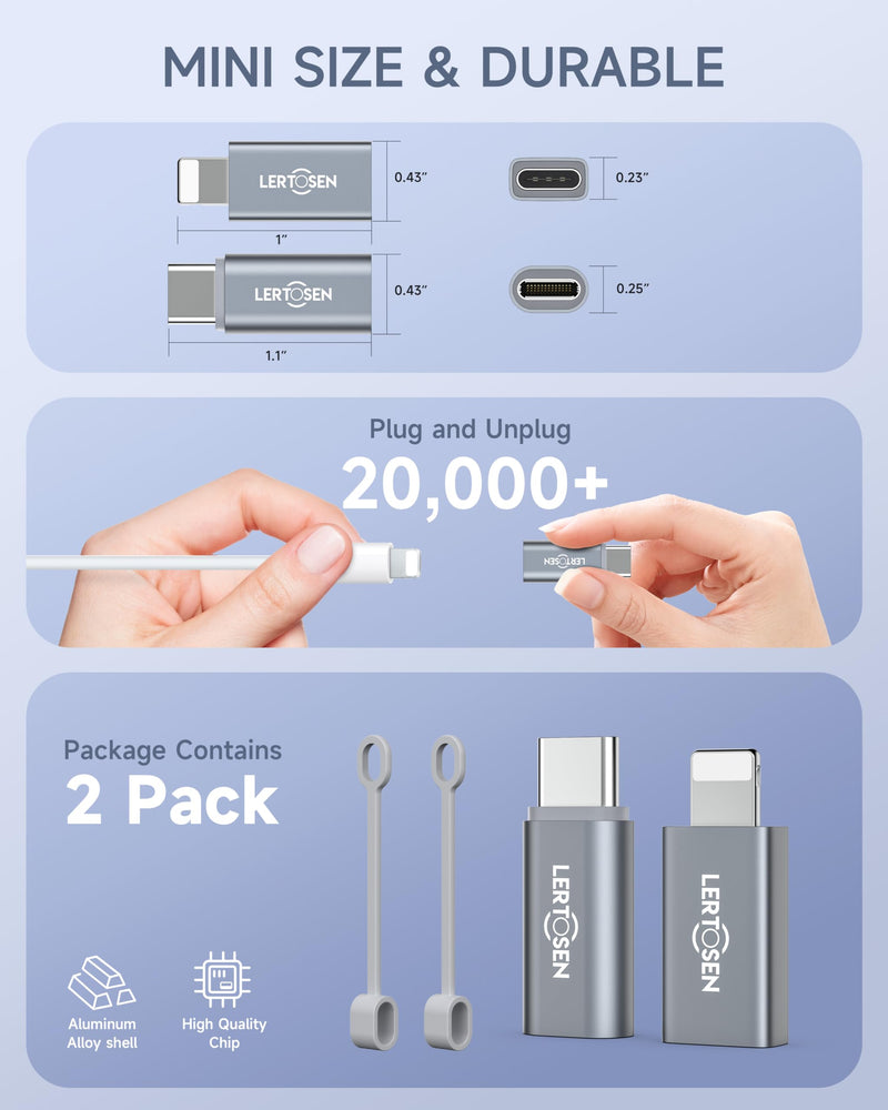Lightning Female to USB-C Male Adapter & USB-C Female to Lightning Male Adapter (2 Pack) for iPhone Series and More Lightning & USB-C Devices,Support Charge & Data Sync,Not for Audio/OTG 2 Pack Grey
