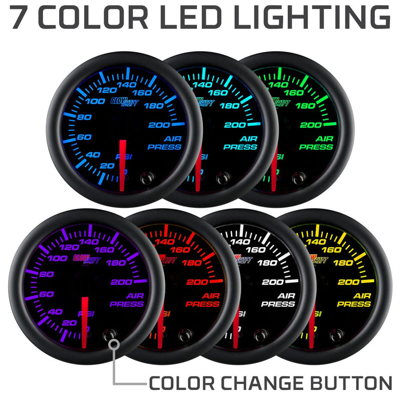 GlowShift Black 7 Color 200 PSI Mechanical Air Pressure Gauge for Air Ride Suspension Systems - Includes Wiring - Multi-Color Display - Black Dial - Clear Lens - 2-1/16" 52mm