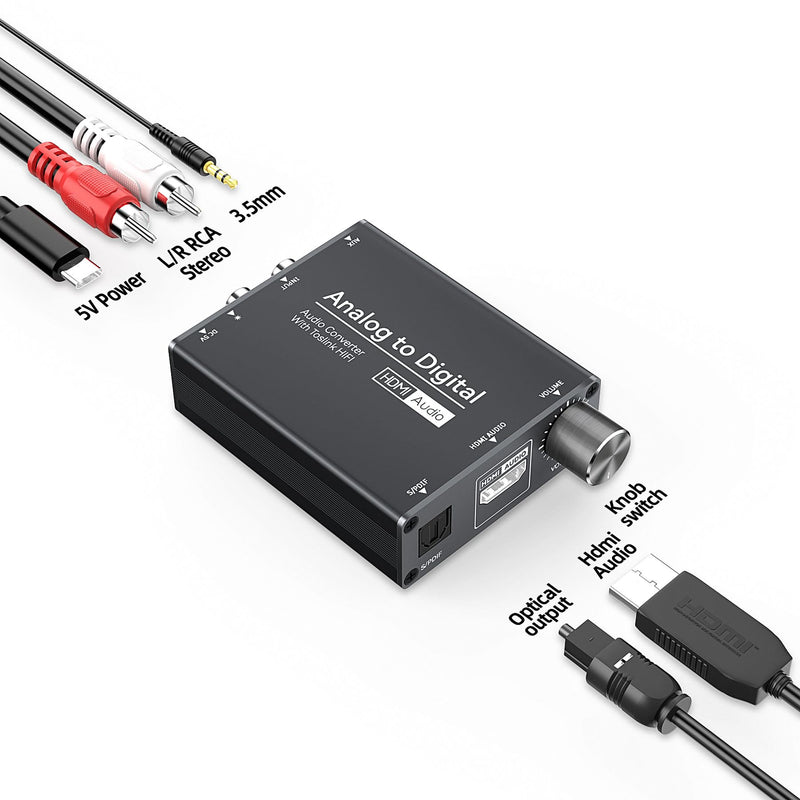 Analog to TOSLINK Digital Optical Audio and HDMI Audio Converter, 3.5mm AUX Jack, Volume Adjustment, for DVD, PS4, Soundbar