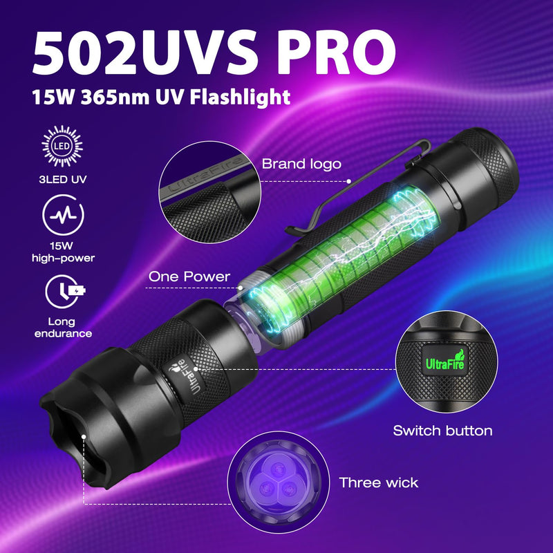 ULTRAFIRE 15W Rechargeable UV Flashlight - 365nm Blacklight Flashlight for Pet Urine Detection,Resin Curing,Minerals,Scorpion,Blood Trail Tracking UV Light 502UVS PRO