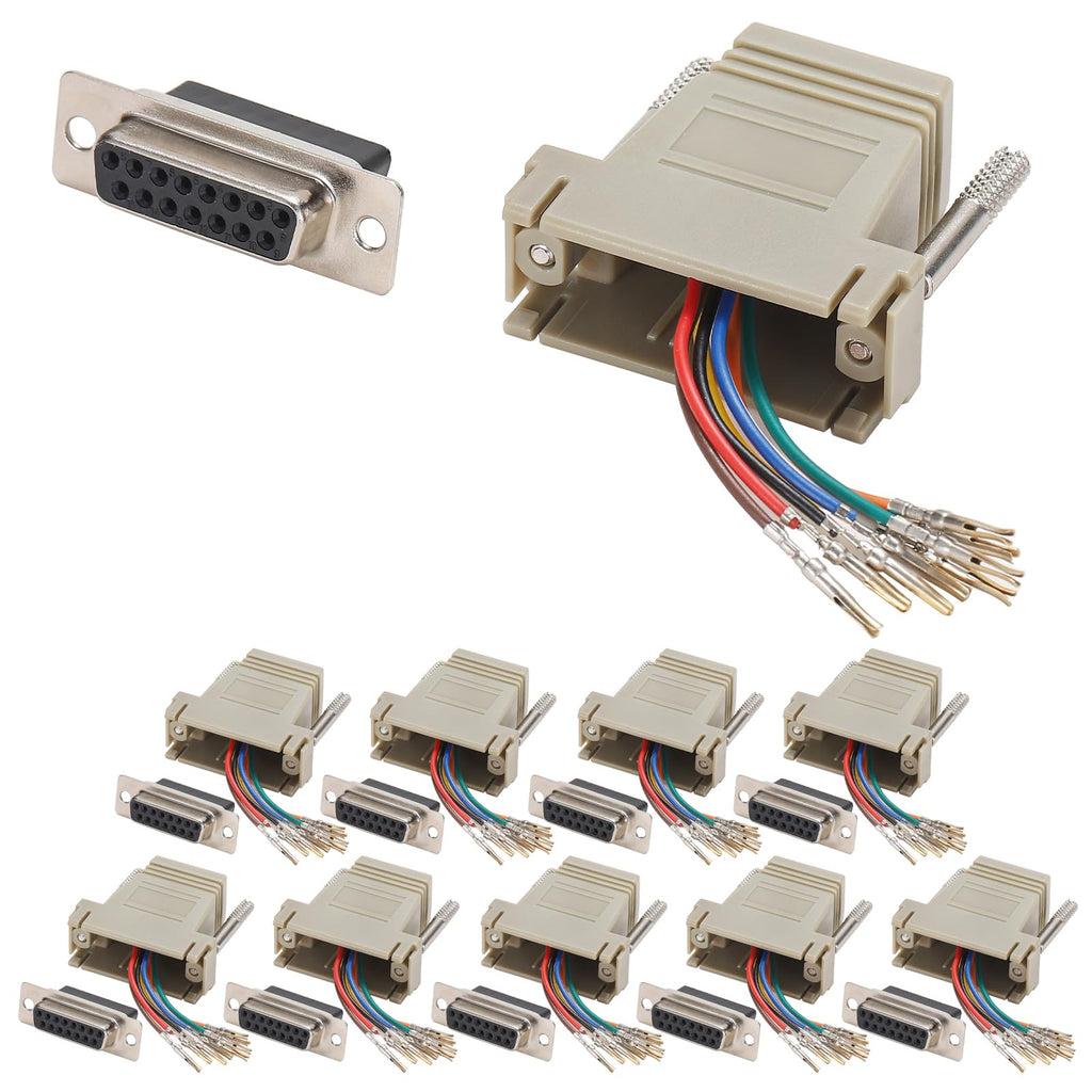 10PCS DB15 Female Ethernet Adapter, 15 Pin Serial Port Female to RJ45 Ethernet LAN Extend Modular Converter, F/F