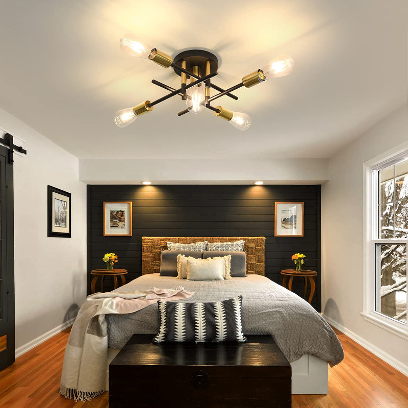 UOFUS Farmhouse 5-Light Semi Flush Mount Ceiling Light Fixture with E26 Modern Matte Black and Gold Chandelier Sputnik Ceiling Lamp for Hallway Kitchen Dining Room Bedroom Study Living Room Bathroom 5 light