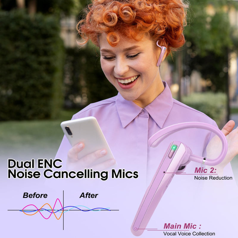 Bluetooth Headset V5.3, Wireless Headset with ENC Noise Canceling Mic | 120Hrs Talk Single-Ear Bluetooth Earpiece, LED Display, IP7 Waterproof Hand-Free Earphone for Business/Trucker, Purple