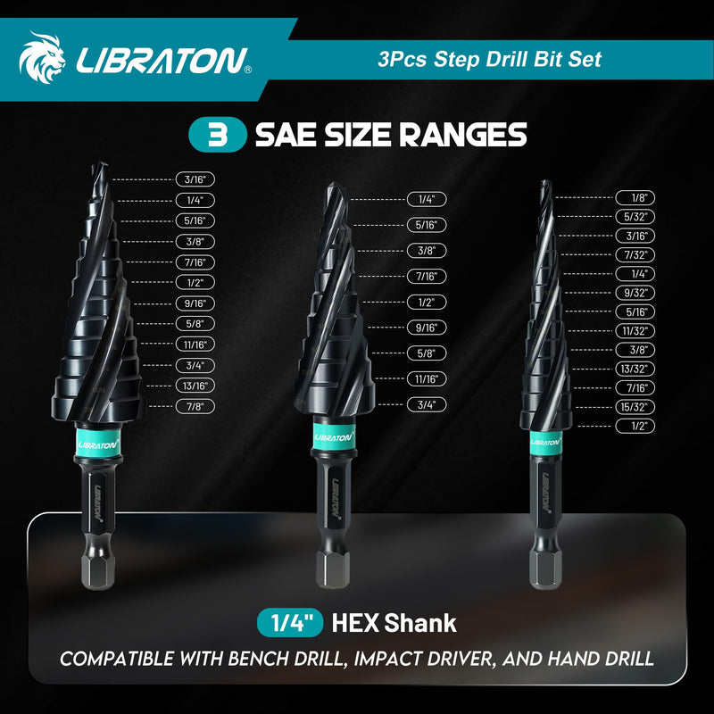 LIBRATON Four Spiral Flute Step Drill Bit, M35 Cobalt Unibit Step Drill Bit Set 1/8"-7/8", AlTiN Coated Step Bits, Four Spiral Flute, 1/4" Hex Shank for Metal, Stainless Steel, Aluminum, Plastic, 3PCS 1/8" - 7/8" (3pcs Set)