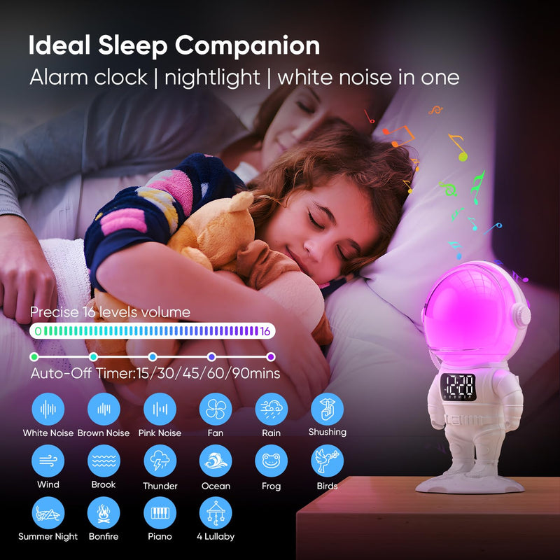 Astronaut Sunrise Alarm Clock for Kids, White Noise Sound Machine with 30 Soothing Sounds, 22 Dimmable Nightlights, Bluetooth Speaker, Dual Digital Alarm Clocks, Wake Up Light for Bedroom, Adults White+remote Control
