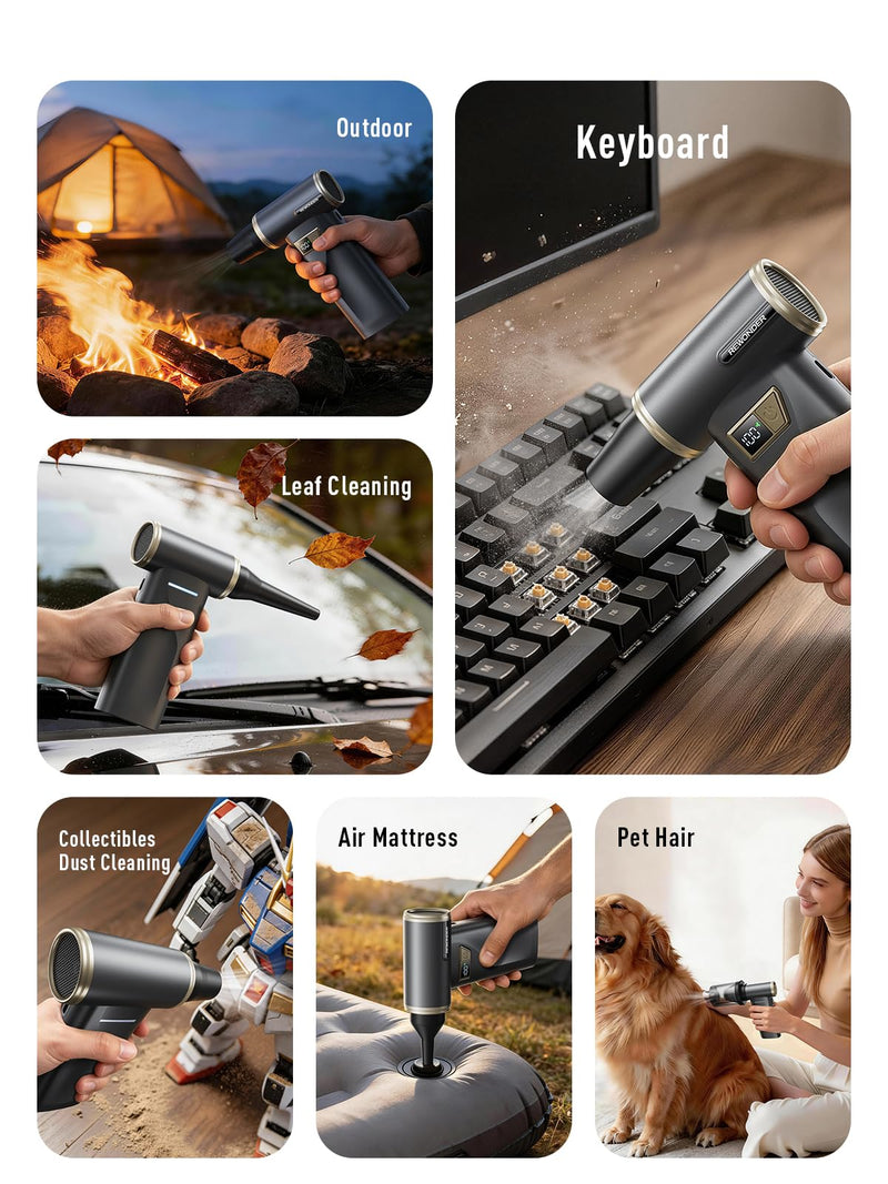 REWONDER Electric Air Duster Rechargeable Cordless Air Blower | 130000RPM Brushless Motor, 100 Adjustable Speeds, LED Display, Duster Blower for PC, Computer, keyboard, Car, Home Cleaning