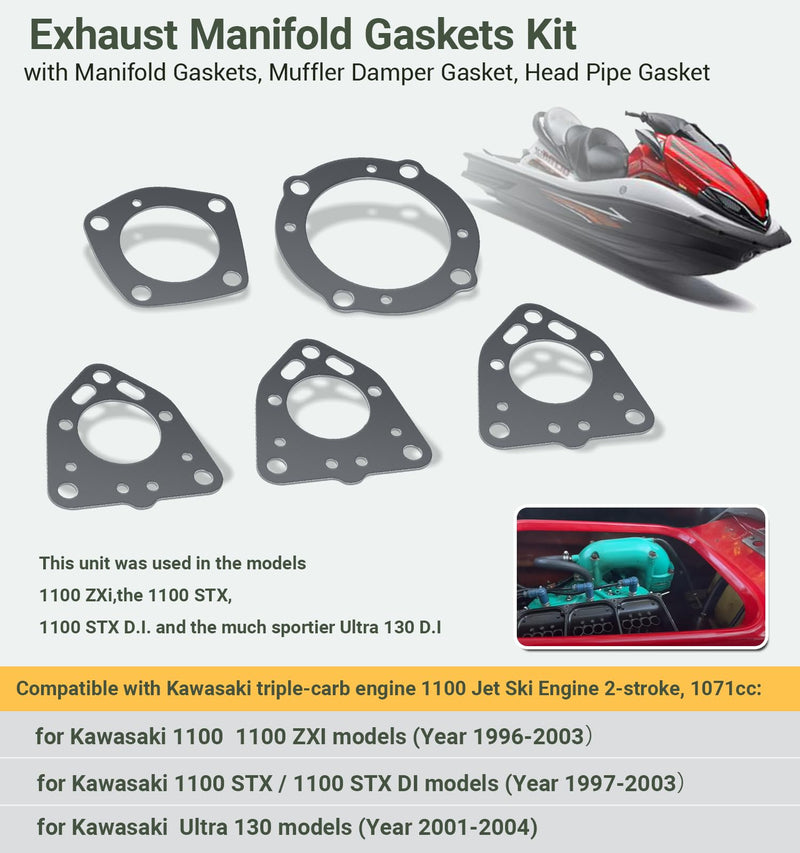 5 Pack Exhaust Rebuild Gaskets Seals Kit Replacement for Kawasaki Jet Skis 1100 ZXI/1100 STX/Ultra 130