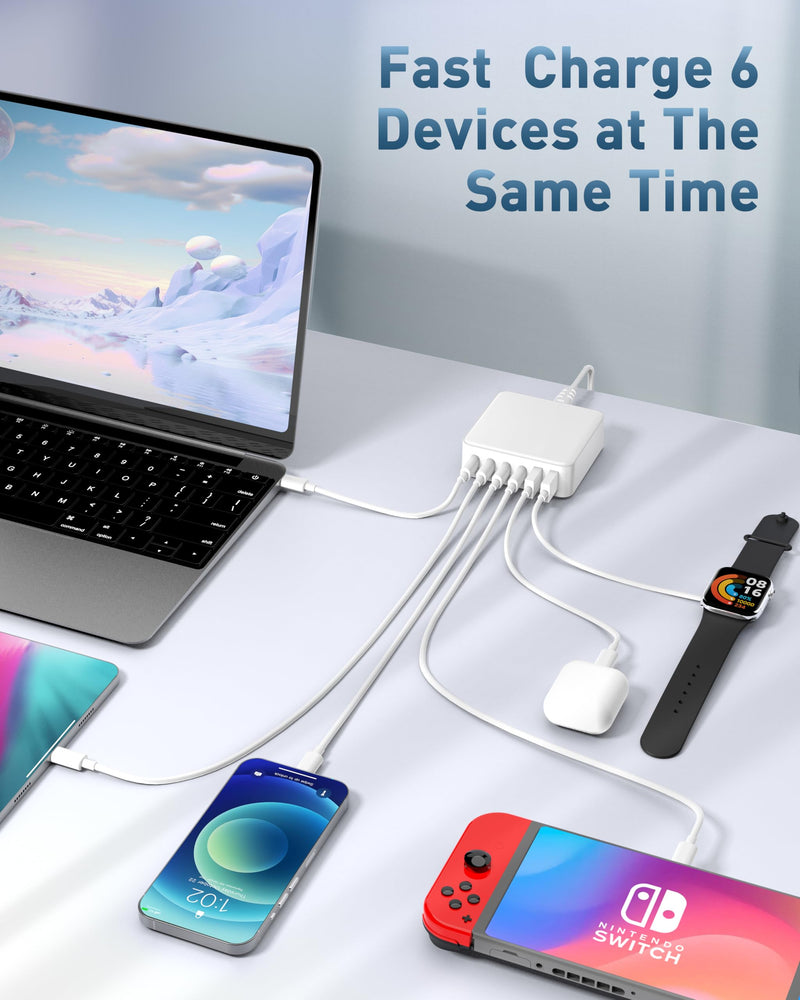 MSTJRY Charging Station for Multiple Devices : 130W 6 Port GaN Fast USB C Charger Station, Compact Multi Port PD 65W 45W Charger for iPhone 16 15/14/13 White