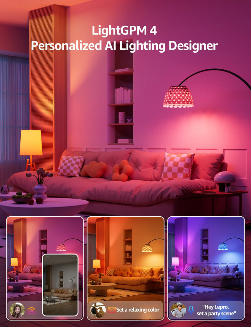 Lepro B1 AI Smart Light Bulbs - WiFi & Bluetooth RGBWW Color Changing LED Bulb Works with Alexa & Google Assistant, Personalized Al Lighting Designer, AI Voice Control, Music Sync, 2.4GHz Only, 8 Pack