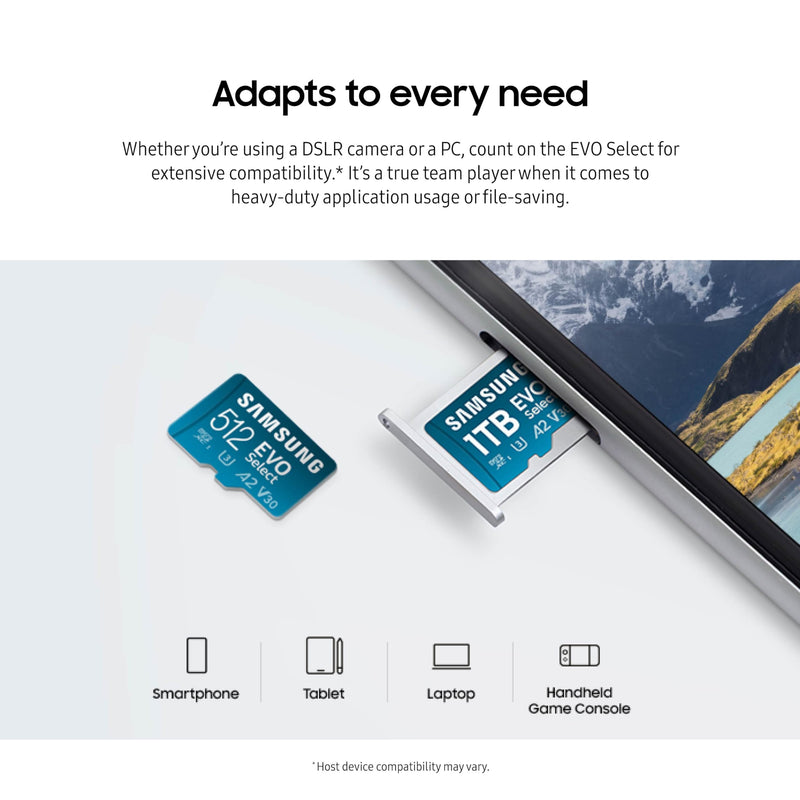 SAMSUNG EVO Select MicroSD Memory Card + Adapter, 128GB microSDXC, Speeds Up to 160 MB/s, UHS-I, C10, U3, V10, A2, Upgrade Storage for Phones, Tablets, Nintendo-Switch, MB-ME128SA/AM New Generation - up to 160 MB/s