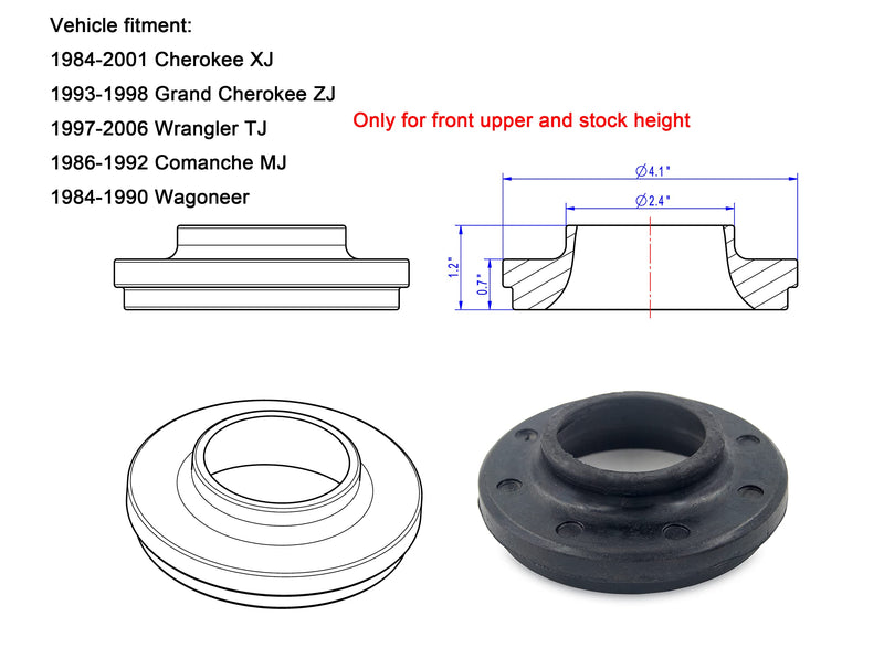 Coil Spring Insulators, Coil Spring Isolators Compatible with 1984-2001 Cherokee XJ, 93-98 Grand Cherokee ZJ, 97-06 Wrangler TJ, 86-92 Comanche MJ, 84-90 Wagoneer (Stock Height)