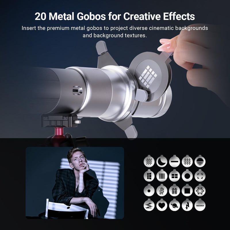 NEEWER Basics Spotlight Conical Optical Snoot Only for FL10/FL20/FL10P Photography Flashlight, 4X Brighter Projector Attachment with Adjustable Focus, 30° Beam Angle, 20 Metal Gobos, LS01