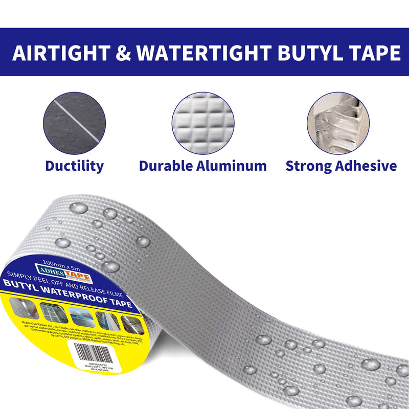 ADHES Butyl Tape Waterproof Tape Aluminum Foil Tape Sealan Tape 100mm x 5m(4inch x 5m), for RV Repair, Window, Silicone, Boat and Pipe Sealing, Glass & EDPM Rubber Roof Patching, Silver 1
