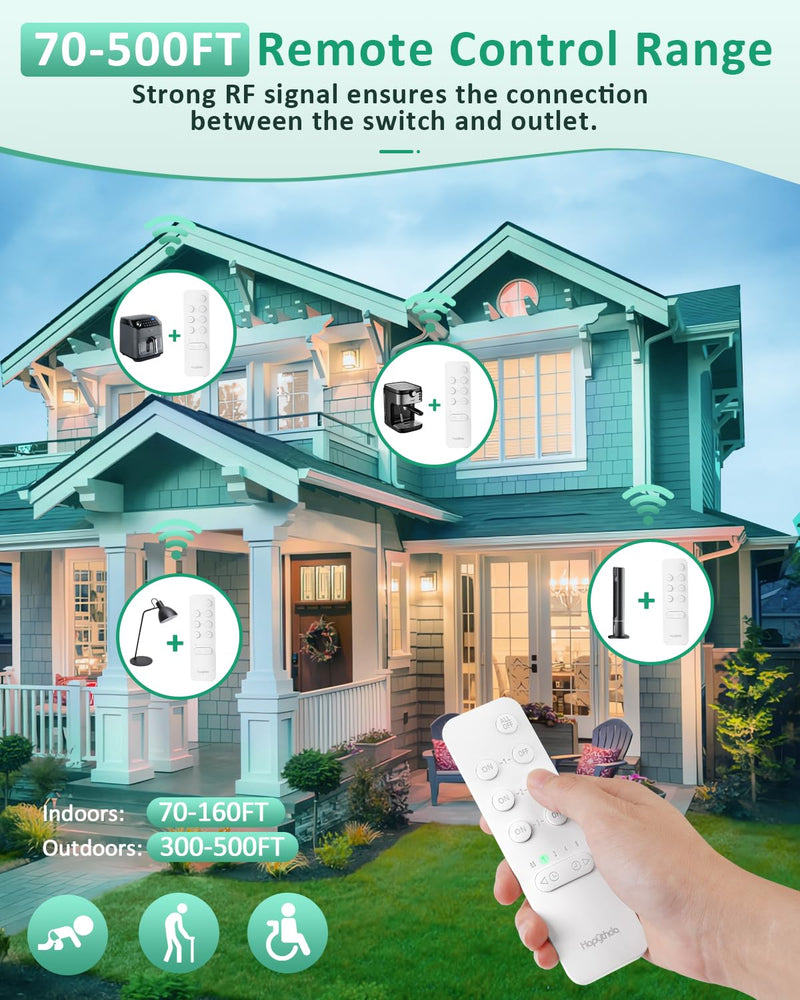 Remote Control Outlet Plug with Countdown Function, 15A/1500W, 500 Feet RF Range Wireless Light Switch, No Wiring Needed Remote Outlet for Small Electrical Appliance,3 Outlets & 1 Remote 3 Outlets & 1 Remote