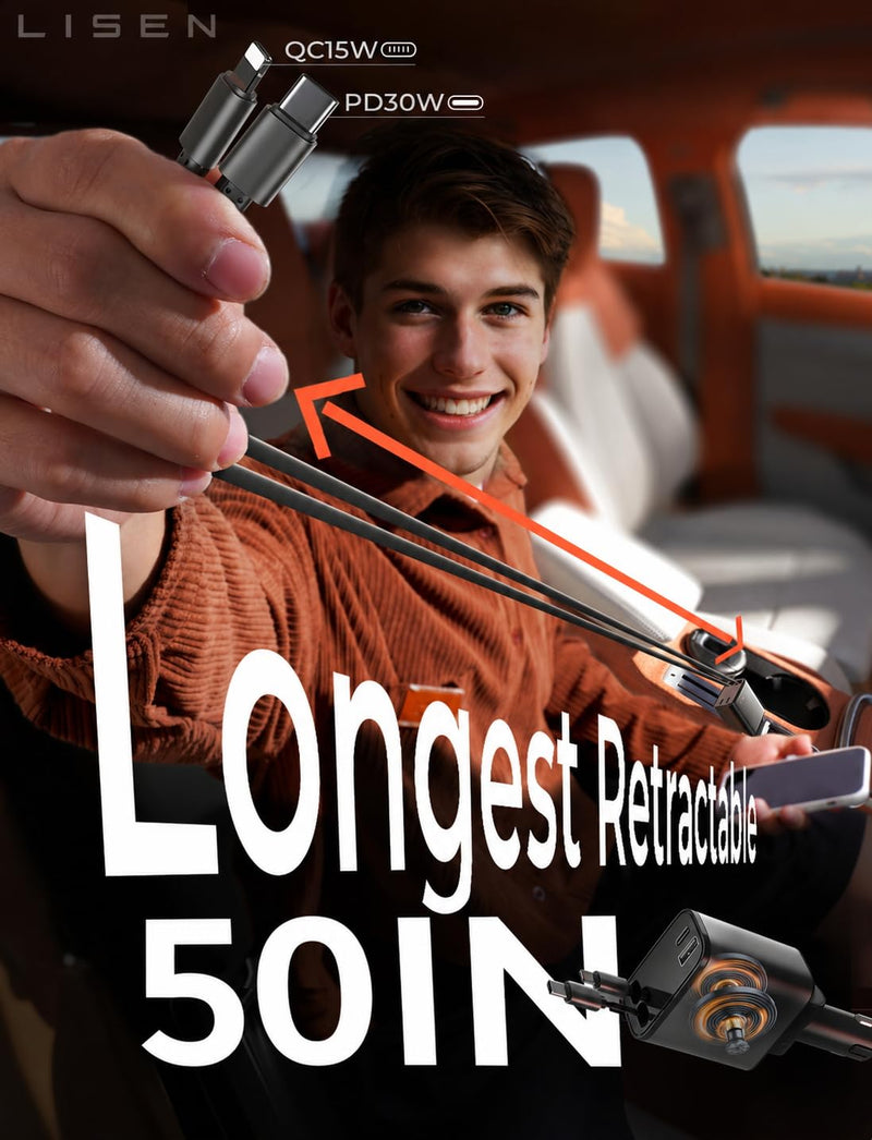 LISEN Retractable Car Charger, [2026 Upgrade 50 inch ] Long 4 in 1 Retractable Cable Car Charger, USB C Car Charger Fast Charging for iPhone 17 16 15 14 13 12 11 X Pro Max Plus Mini, Samsung S26 | Multiple Ports Car Charger, Retractable Car Charger Fas...