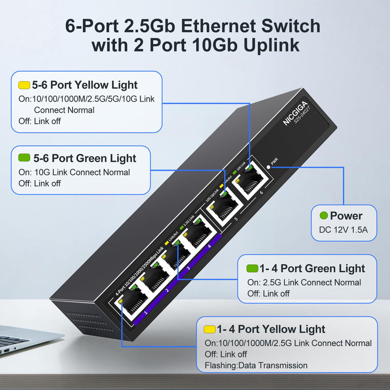 10Gbe Ethernet Switch Unmanaged with 2 x 10Gb RJ45 Ports ➕ 4 x 2.5Gb Base-T Ports, Desktop/Wall Mount NICGIGA 6 Port 10Gbps Network Switch for Wireless AP, NAS, PC 6 Port | 2x 10G RJ45 + 4x 2.5G